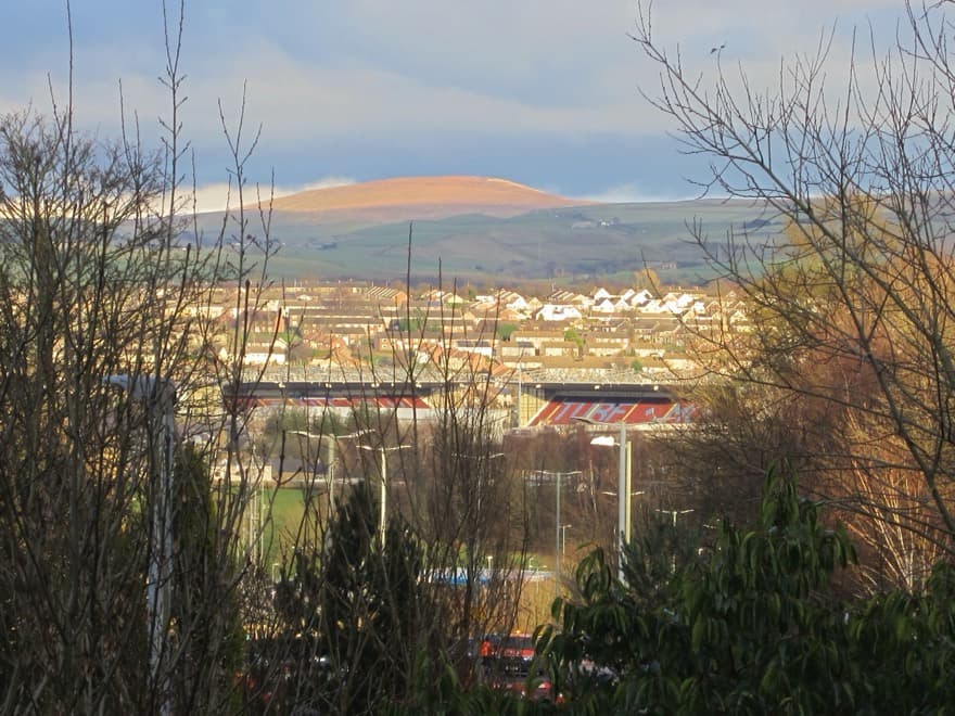 Turf Moor, home stadium of Burnley Football Club, viewed from Burnley Manchester Road railway station