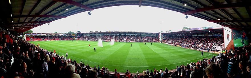 Panorama of Goldsands Stadium (Dean Court) from East Stand. Prior to Football League Championship fixture 14/9/2013 AFC Bournemouth v Blackpool FC.