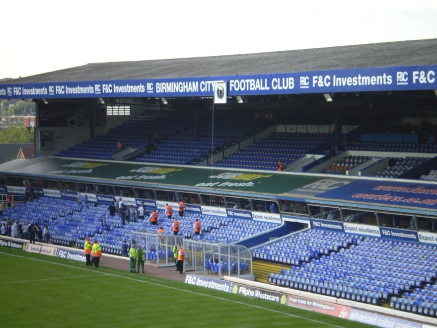 The Main Stand of Birmingham City F.C.'s St Andrew's Stadium on the day the Jeff Hall Memorial Clock was unveiled in September 2008